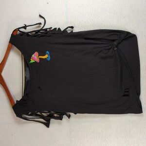 ALAB Black Fringe Fairycore Mushroom Distressed Neon Grunge Tee‎ Shirt M